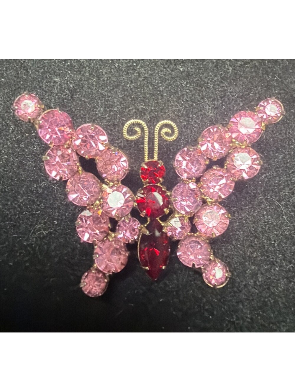 Vintage 1950’s Butterfly Pin Brooch Pink Red Rhinestones Goldtone Setting